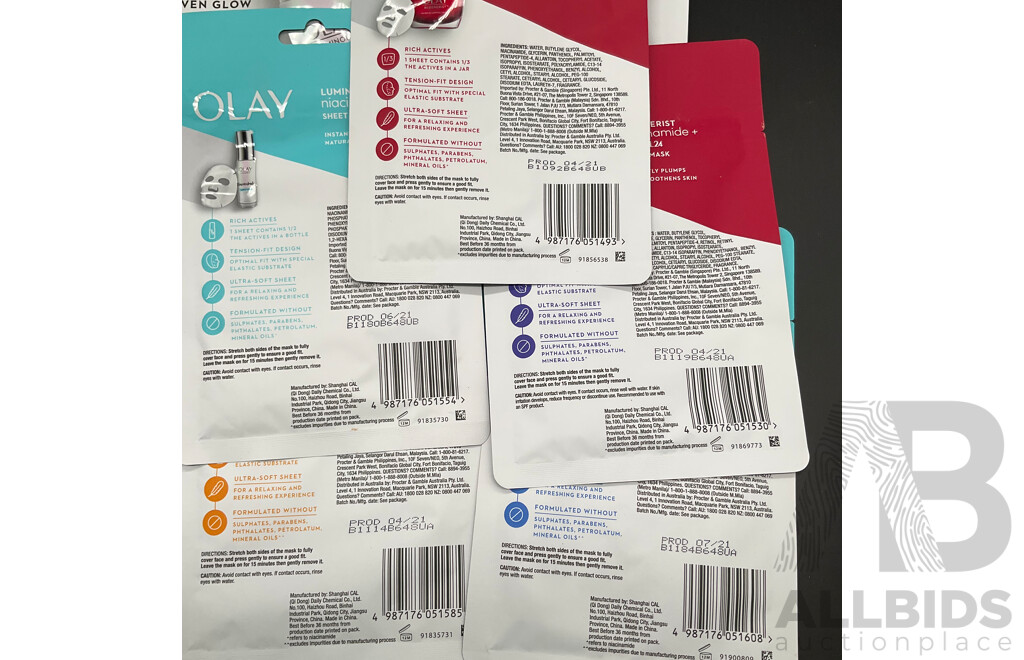 Assorted OLAY Sheet Masks (30x), LOUISA Belly, Ears and Nose Jewellery and BRITE Vegan Bleach Kit and White Toner - Lot of 35
