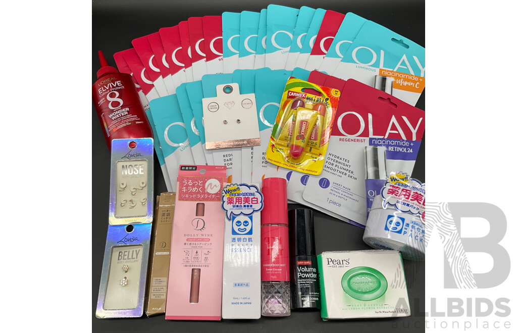 Assorted OLAY Sheet Masks (30x), LOUISA Belly, Ears and Nose Jewellery and Others - Lot of 42