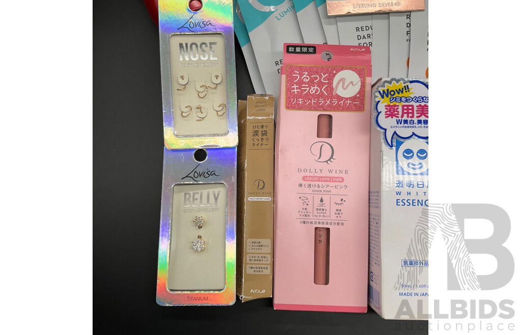 Assorted OLAY Sheet Masks (30x), LOUISA Belly, Ears and Nose Jewellery and Others - Lot of 42