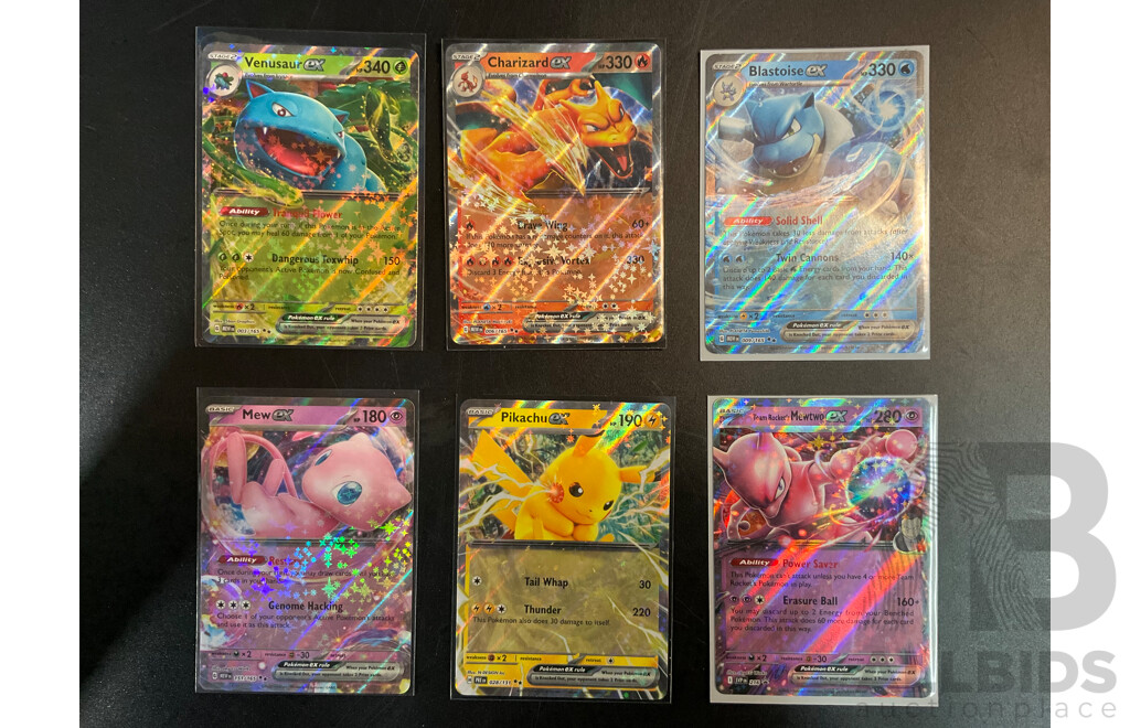 Six Collectible EX Pokémon Cards - Pikachu, Mew, Venusaur, Charizard, Blastoise, Mewtwo (EN)