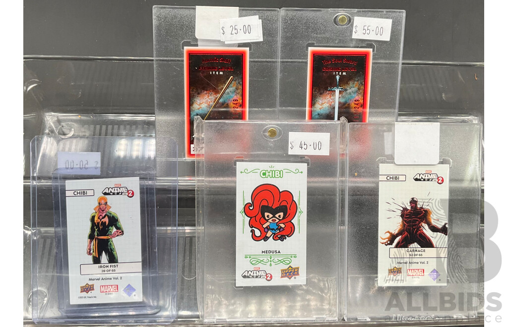 Assorted Marvel Anime Vol.2 Capsule Cards - the Soul Sword, Karmic Staff, Carnage and More - Lot of 5