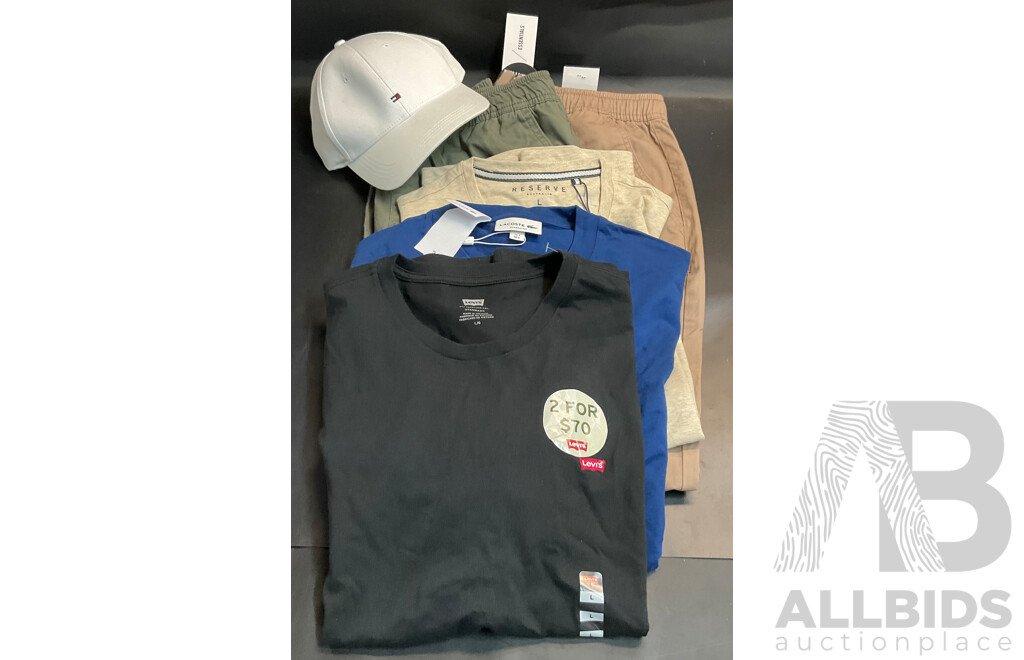 Lacoste, Kenji, Levis Assorted Men's T-Shirts, Pants, and Hats - Lot of 6