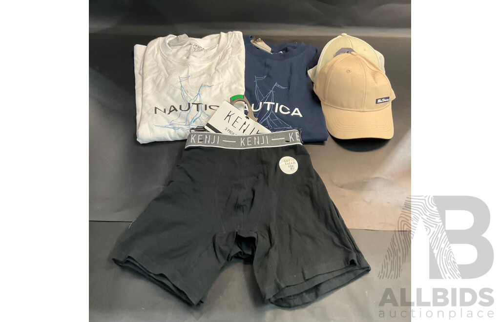 Nautica T-shirt Size M & Kenji Trunks Size S & Under Armour, Ben Sherman Hats - Lot of 5