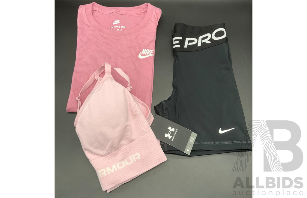 NIKE Pro Shorts (XS), NIKE Tee (XS) and UNDER ARMOUR Sport Bra (S) - Lot of 3