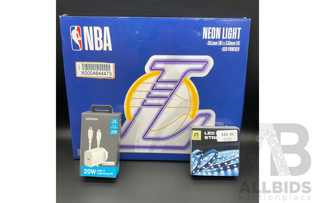 NBA LA Neon Sign, COMSOL 20W Charging Kit & ATRIX LED Strip (Lot of 3)