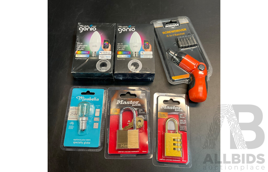 Mirabella Lightbulb & Master Lock & Rodara Screwdriver - Lot of 6
