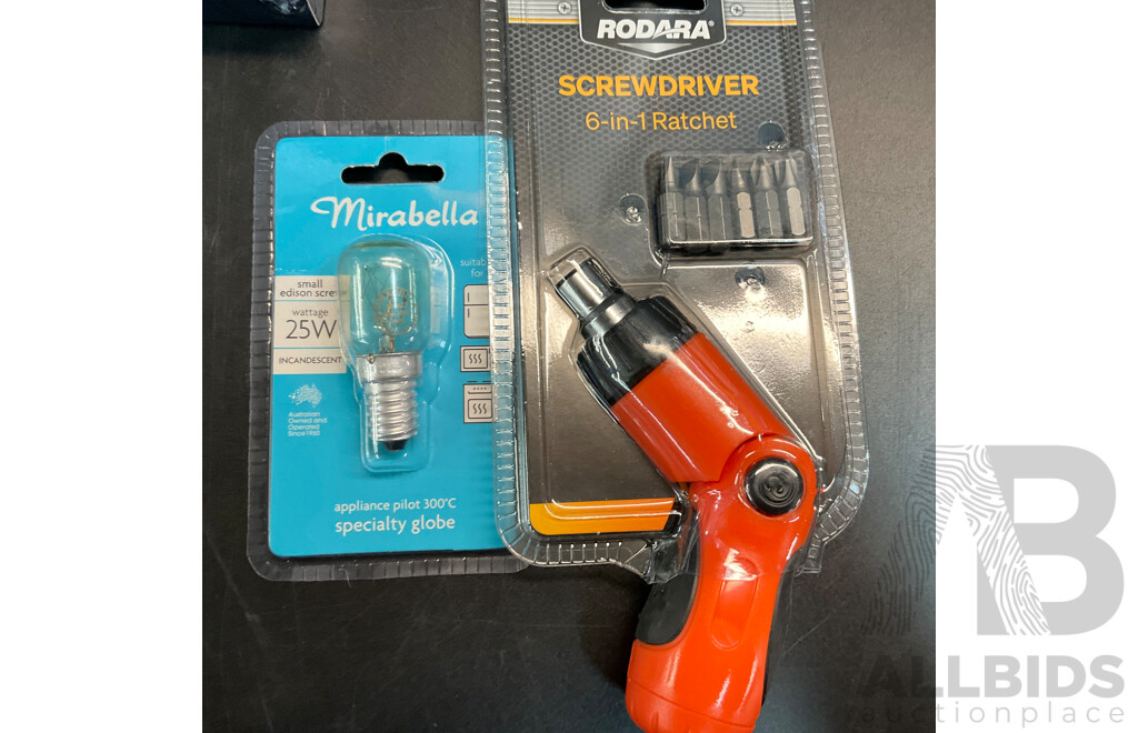 Mirabella Lightbulb & Master Lock & Rodara Screwdriver - Lot of 6