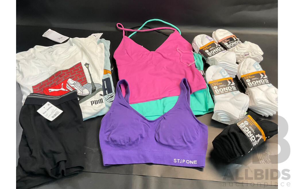 Puma T-Shirt & Cotton On, Step One Tops & Black Trunk - Size S & Assorted Bonds Socks