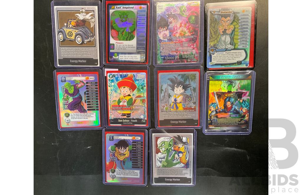 Ten Collectible Dragon Ball Trading Cards - Includes Energy Marker, Gohan & More