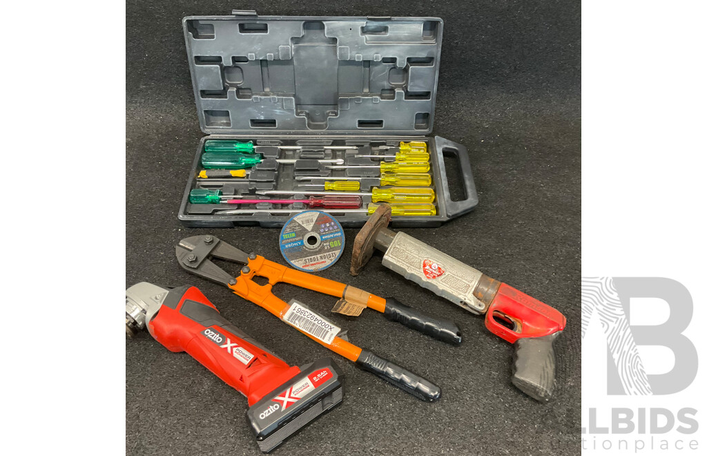 Ozito 18V Angle Grinder with 2.5Ah Battery, Ramset Powder-Actuated Tool & Assorted Tools