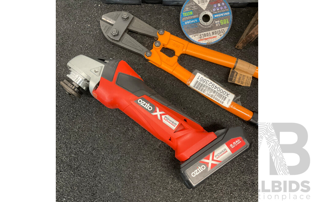 Ozito 18V Angle Grinder with 2.5Ah Battery, Ramset Powder-Actuated Tool & Assorted Tools