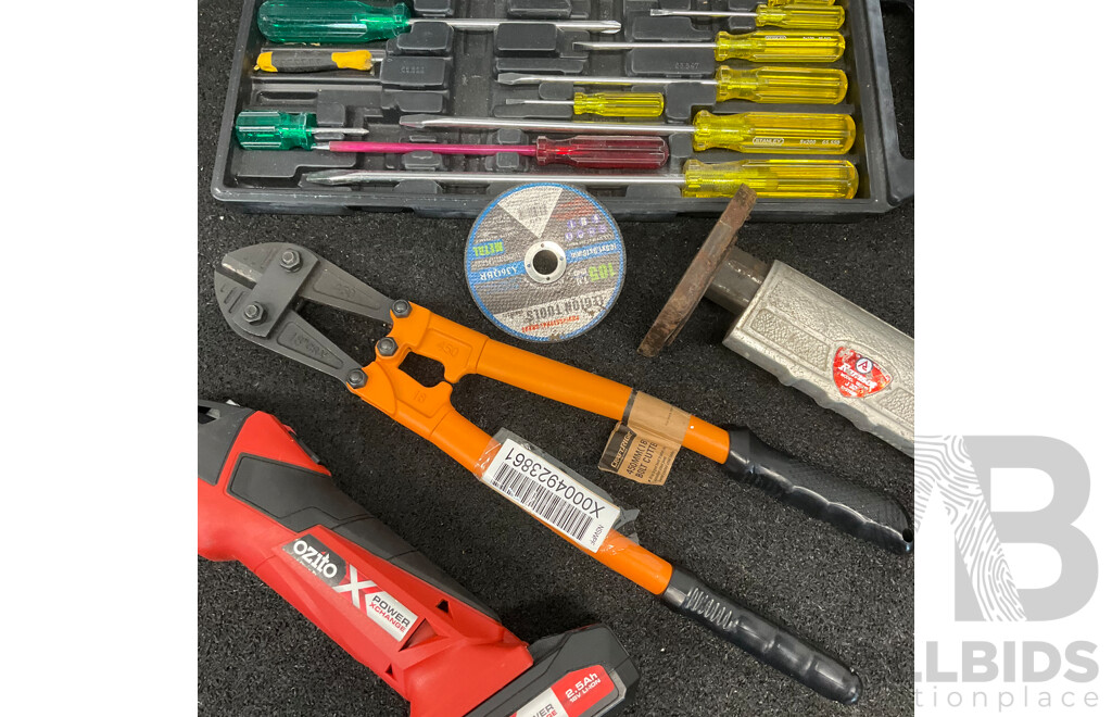 Ozito 18V Angle Grinder with 2.5Ah Battery, Ramset Powder-Actuated Tool & Assorted Tools