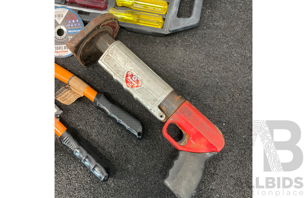 Ozito 18V Angle Grinder with 2.5Ah Battery, Ramset Powder-Actuated Tool & Assorted Tools