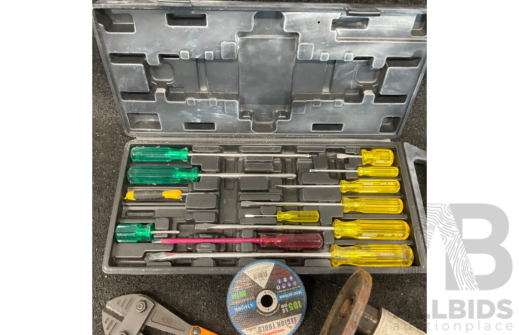 Ozito 18V Angle Grinder with 2.5Ah Battery, Ramset Powder-Actuated Tool & Assorted Tools