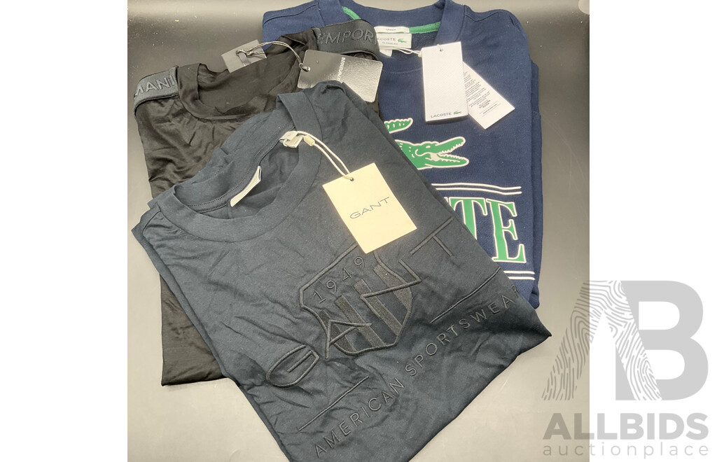 EMPORIO ARMANI and GANT  Assorted Men's T-Shirts (size L & XL) and LACOSTE Unisex Sweatshirt (L) - Lot of 3