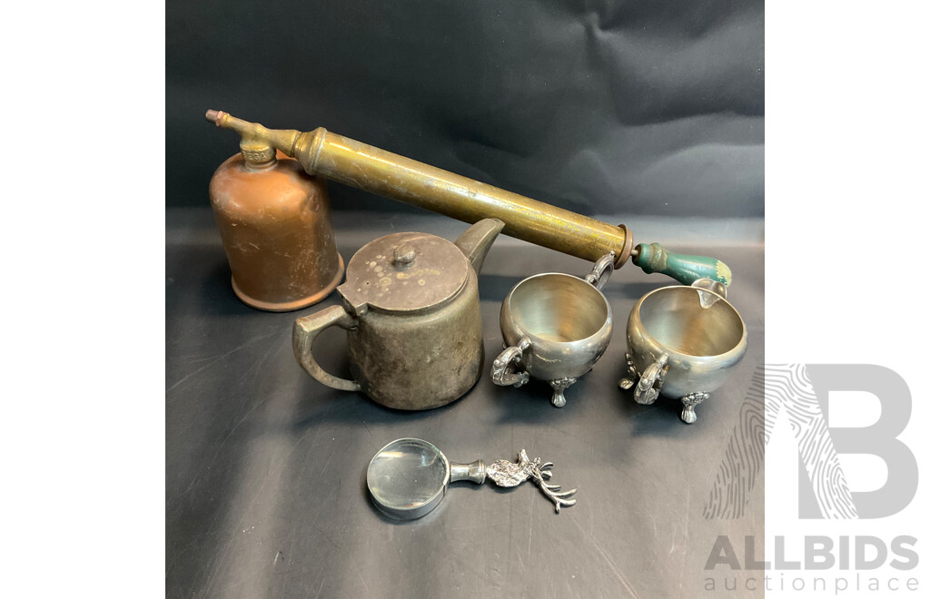 Vintage Bega Copper Fly Sprayer and Eton Hard Soldered Milk Jar & F.B.Rogers Silver-Plate Cream,Sugar Pot and More