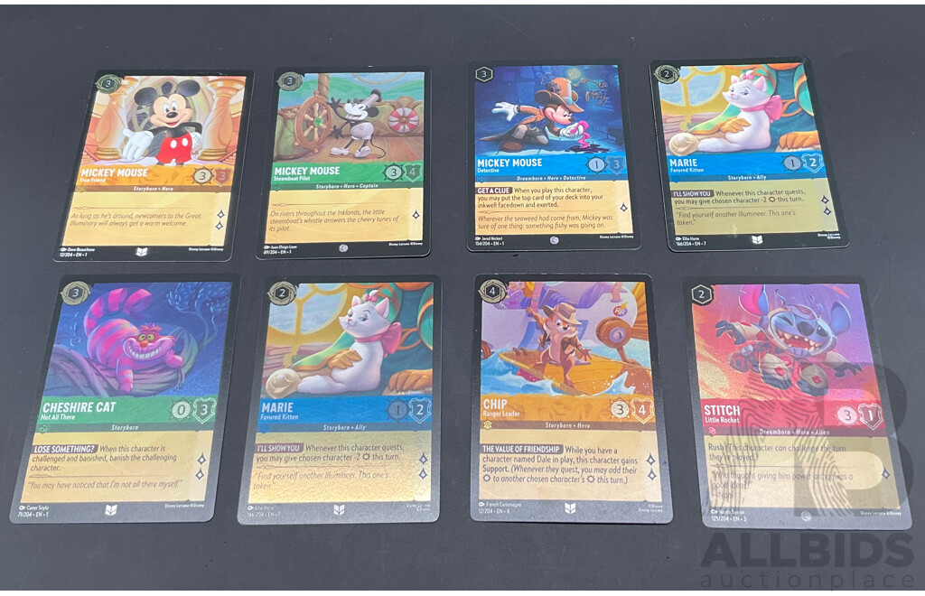 LORCANA Holofoil Cards - Micky Mouse, Marie, Cheshire Cat, Chip, Stitch - Lot of 8