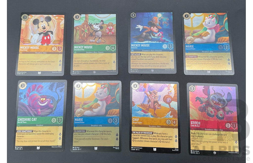 LORCANA Holofoil Cards - Micky Mouse, Marie, Cheshire Cat, Chip, Stitch - Lot of 8