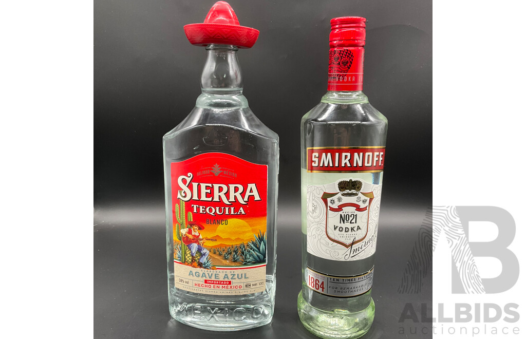 SIERRA Tequila Blanco 1000ml, SMIRNOFF Vodka 700ml and Backpack - Lot of 3