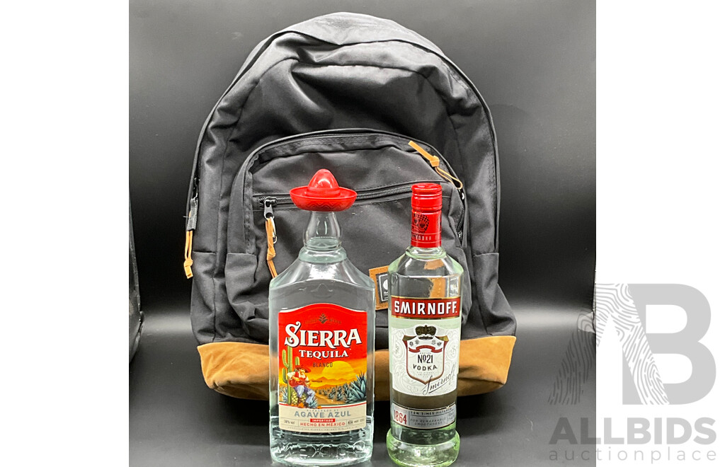 SIERRA Tequila Blanco 1000ml, SMIRNOFF Vodka 700ml and Backpack - Lot of 3