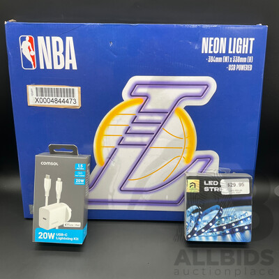 NBA LA Neon Sign, COMSOL 20W Charging Kit & ATRIX LED Strip (Lot of 3)