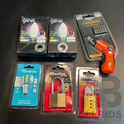Mirabella Lightbulb & Master Lock & Rodara Screwdriver - Lot of 6