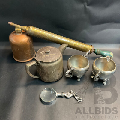 Vintage Bega Copper Fly Sprayer and Eton Hard Soldered Milk Jar & F.B.Rogers Silver-Plate Cream,Sugar Pot and More