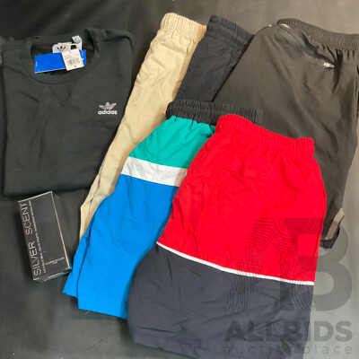 ADIDAS T-Shirt, Assorted Men's Shorts and Silver Scent Eau De Toilette - Lot of 7