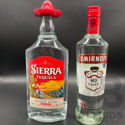 SIERRA Tequila Blanco 1000ml, SMIRNOFF Vodka 700ml and Backpack - Lot of 3
