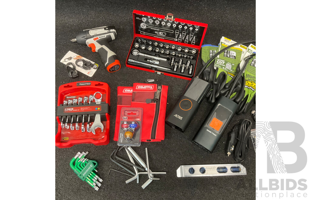 Collection of Various Hand and Power Tools, Including ToolPRO Impact Wrench, ALTUS Inflator, MaxiTrac Power Bank and Inflator and Others