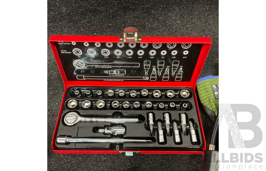Collection of Various Hand and Power Tools, Including ToolPRO Impact Wrench, ALTUS Inflator, MaxiTrac Power Bank and Inflator and Others