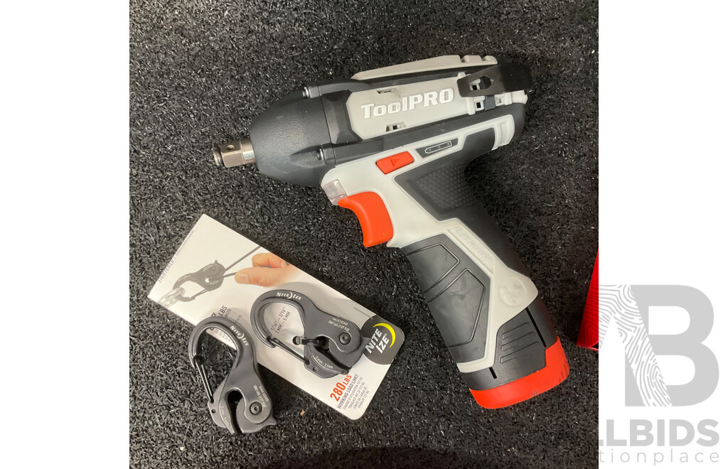 Collection of Various Hand and Power Tools, Including ToolPRO Impact Wrench, ALTUS Inflator, MaxiTrac Power Bank and Inflator and Others