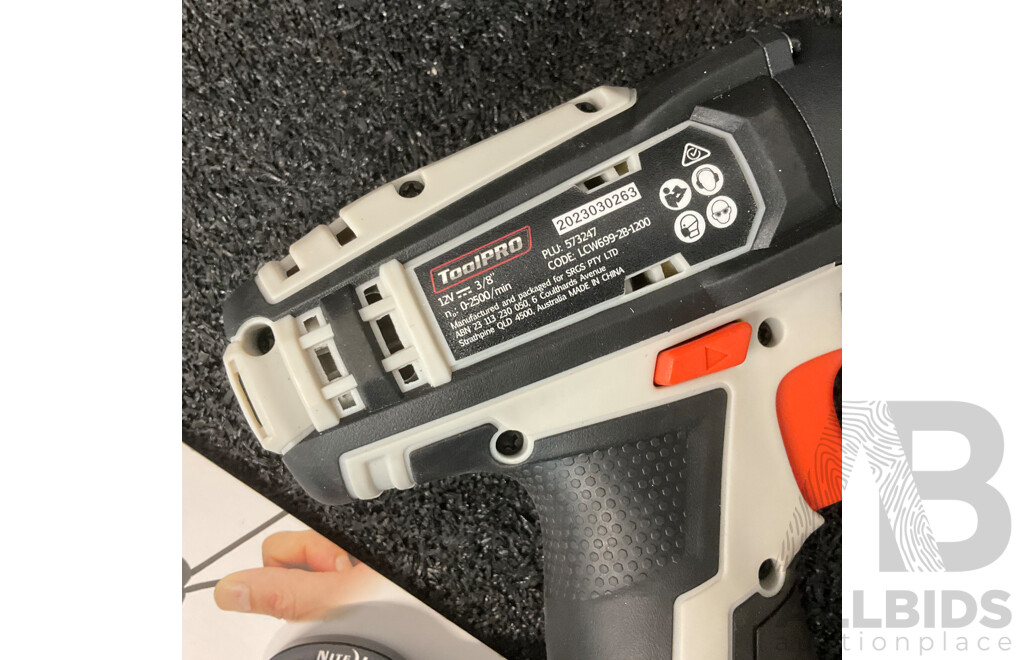 Collection of Various Hand and Power Tools, Including ToolPRO Impact Wrench, ALTUS Inflator, MaxiTrac Power Bank and Inflator and Others