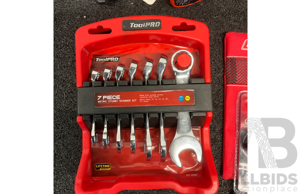 Collection of Various Hand and Power Tools, Including ToolPRO Impact Wrench, ALTUS Inflator, MaxiTrac Power Bank and Inflator and Others