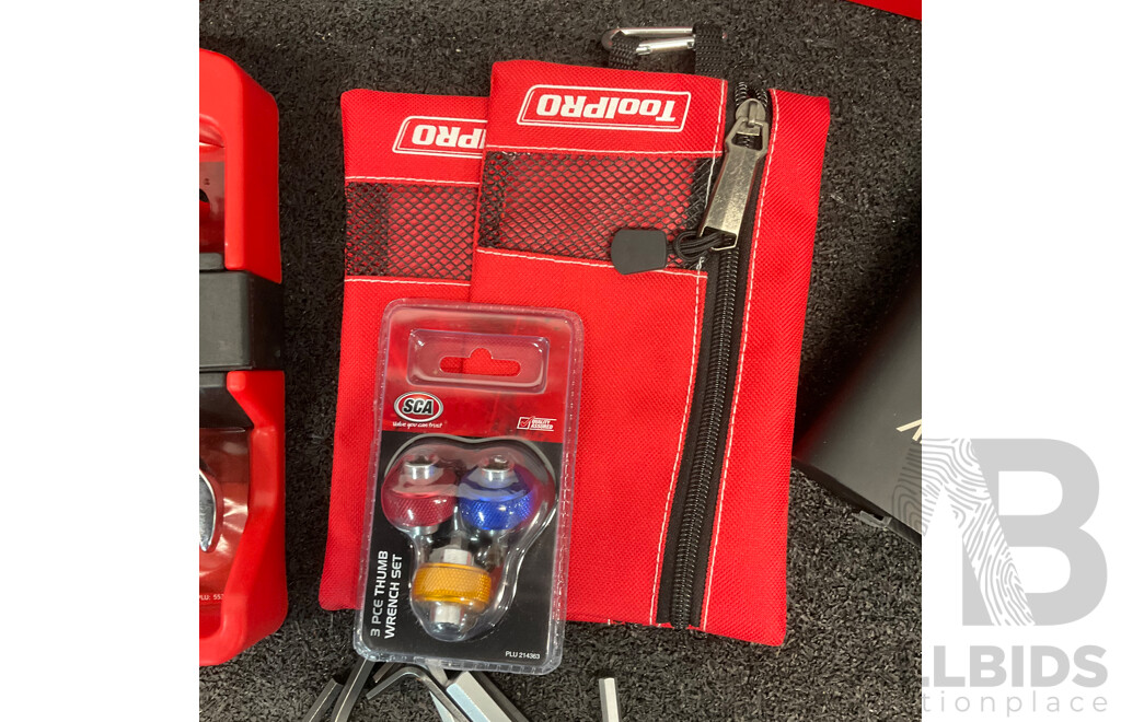 Collection of Various Hand and Power Tools, Including ToolPRO Impact Wrench, ALTUS Inflator, MaxiTrac Power Bank and Inflator and Others