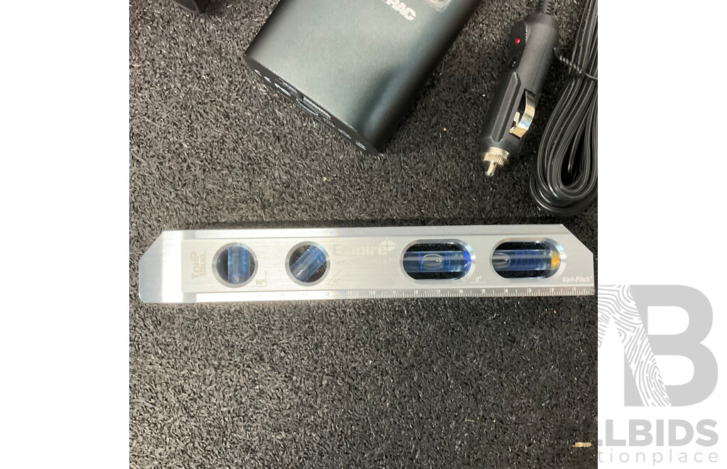 Collection of Various Hand and Power Tools, Including ToolPRO Impact Wrench, ALTUS Inflator, MaxiTrac Power Bank and Inflator and Others