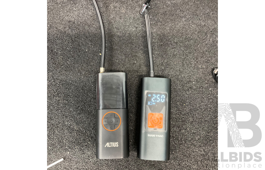 Collection of Various Hand and Power Tools, Including ToolPRO Impact Wrench, ALTUS Inflator, MaxiTrac Power Bank and Inflator and Others