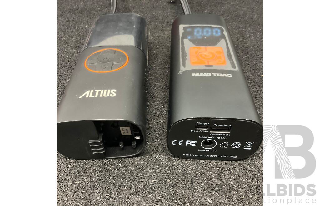 Collection of Various Hand and Power Tools, Including ToolPRO Impact Wrench, ALTUS Inflator, MaxiTrac Power Bank and Inflator and Others