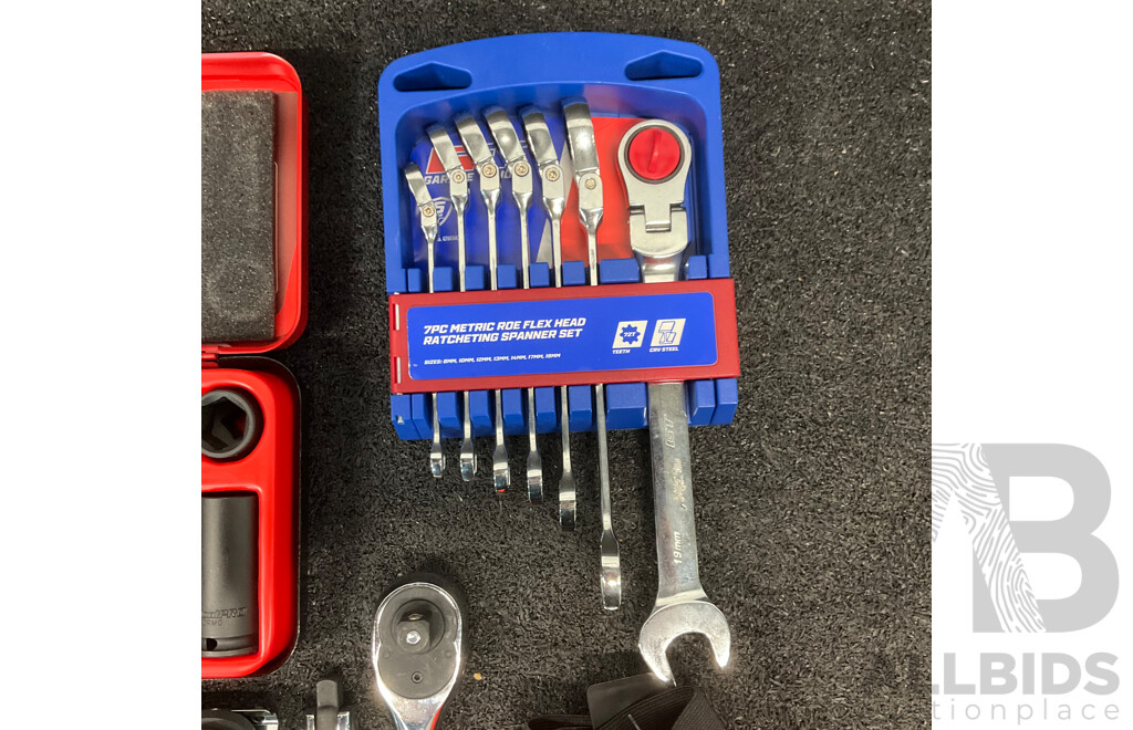Collection of Various Automotive Tools, Including Ratchet Spanner Set, Socket Set and Others