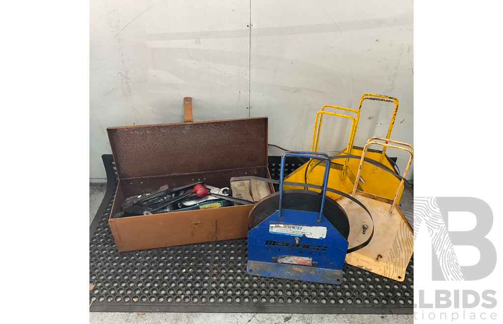 Four Steel Strap Dispensers with Box Containing Assorted Tools