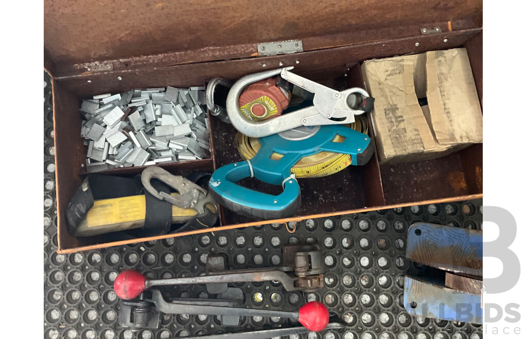 Four Steel Strap Dispensers with Box Containing Assorted Tools