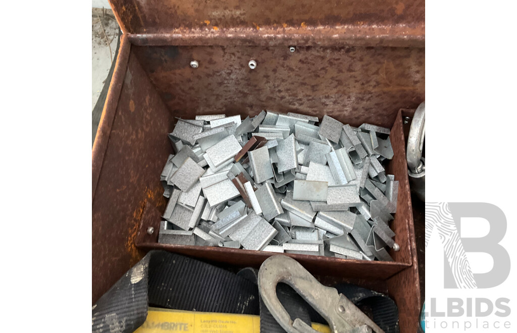 Four Steel Strap Dispensers with Box Containing Assorted Tools