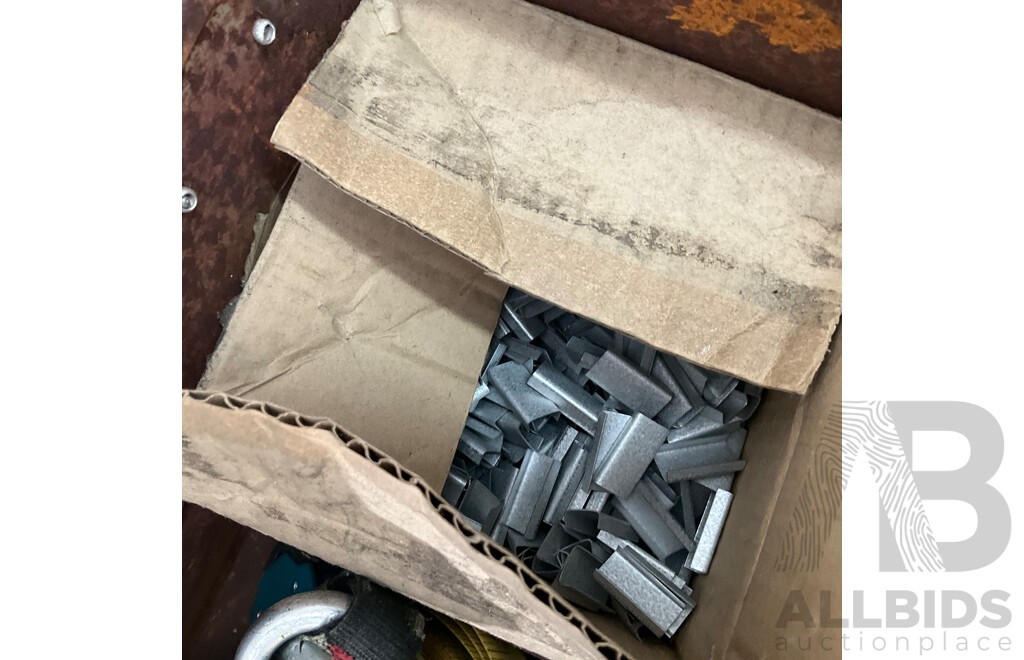 Four Steel Strap Dispensers with Box Containing Assorted Tools