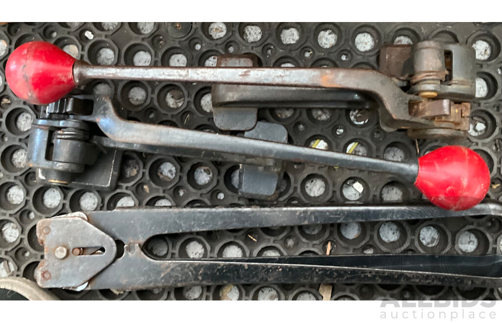 Four Steel Strap Dispensers with Box Containing Assorted Tools