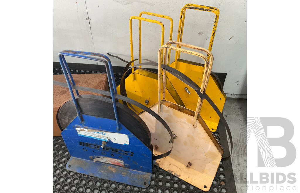 Four Steel Strap Dispensers with Box Containing Assorted Tools