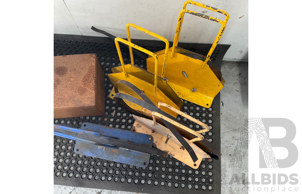 Four Steel Strap Dispensers with Box Containing Assorted Tools