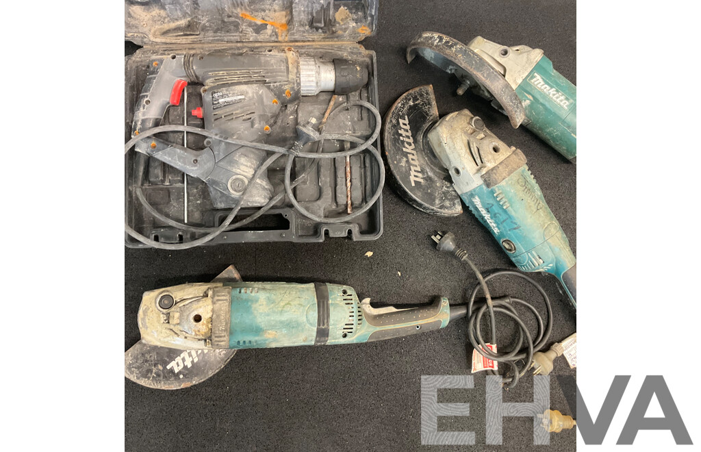 Assorted MAKITA Angle Grinders for Parts and OZITO Hammer Drill - Lot of 4