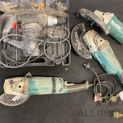 Assorted MAKITA Angle Grinders for Parts and OZITO Hammer Drill - Lot of 4