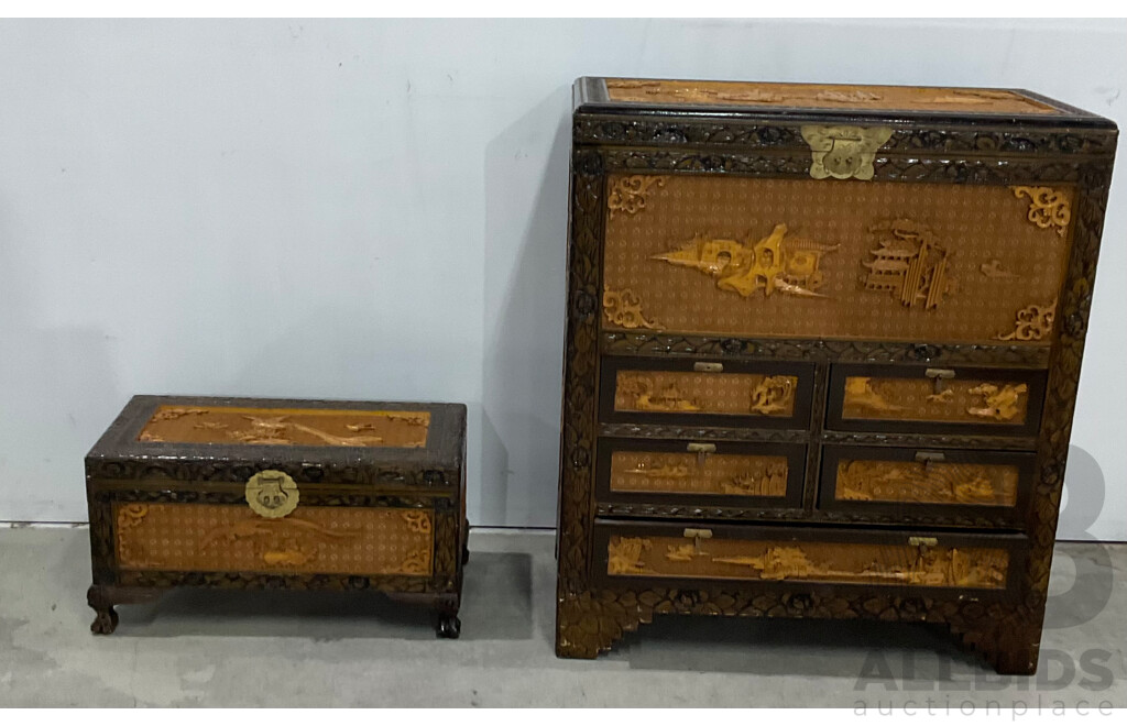 Vintage Chinese Carved Camphor Wood Cabinet with Chest
