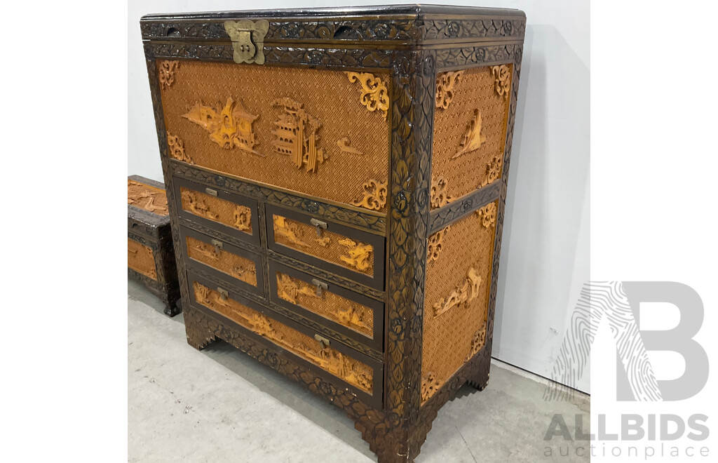 Vintage Chinese Carved Camphor Wood Cabinet with Chest